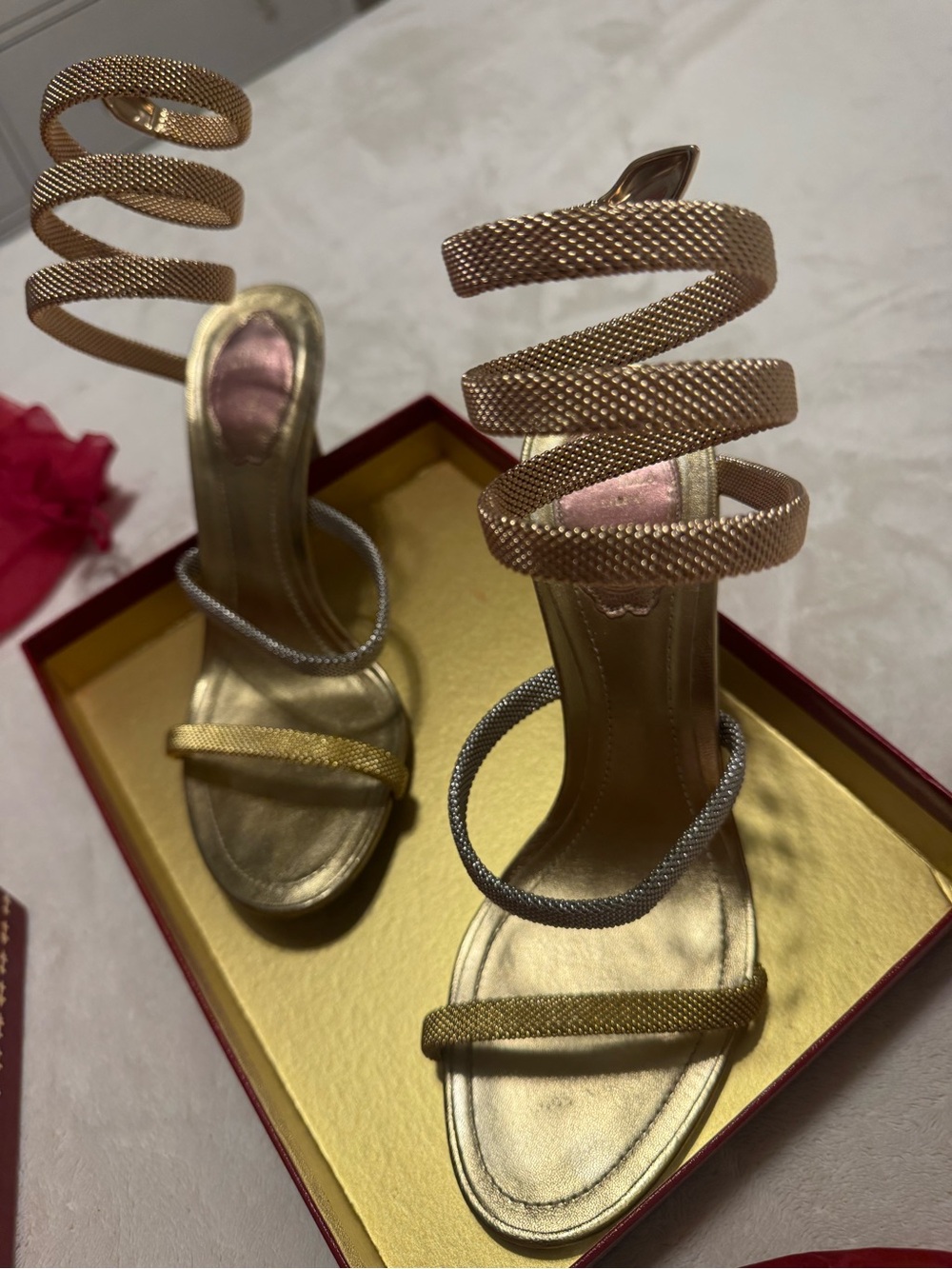 Rene Caovilla Gold Spiral Ankle-Strap Heels with Silver Toe Loop